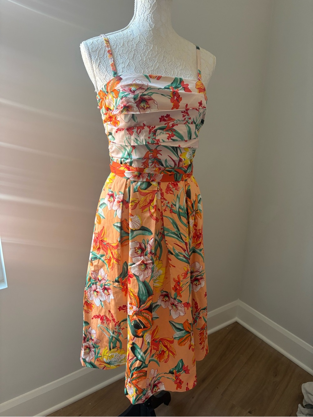 White House Black Market Peach Floral Strapless Midi Dress